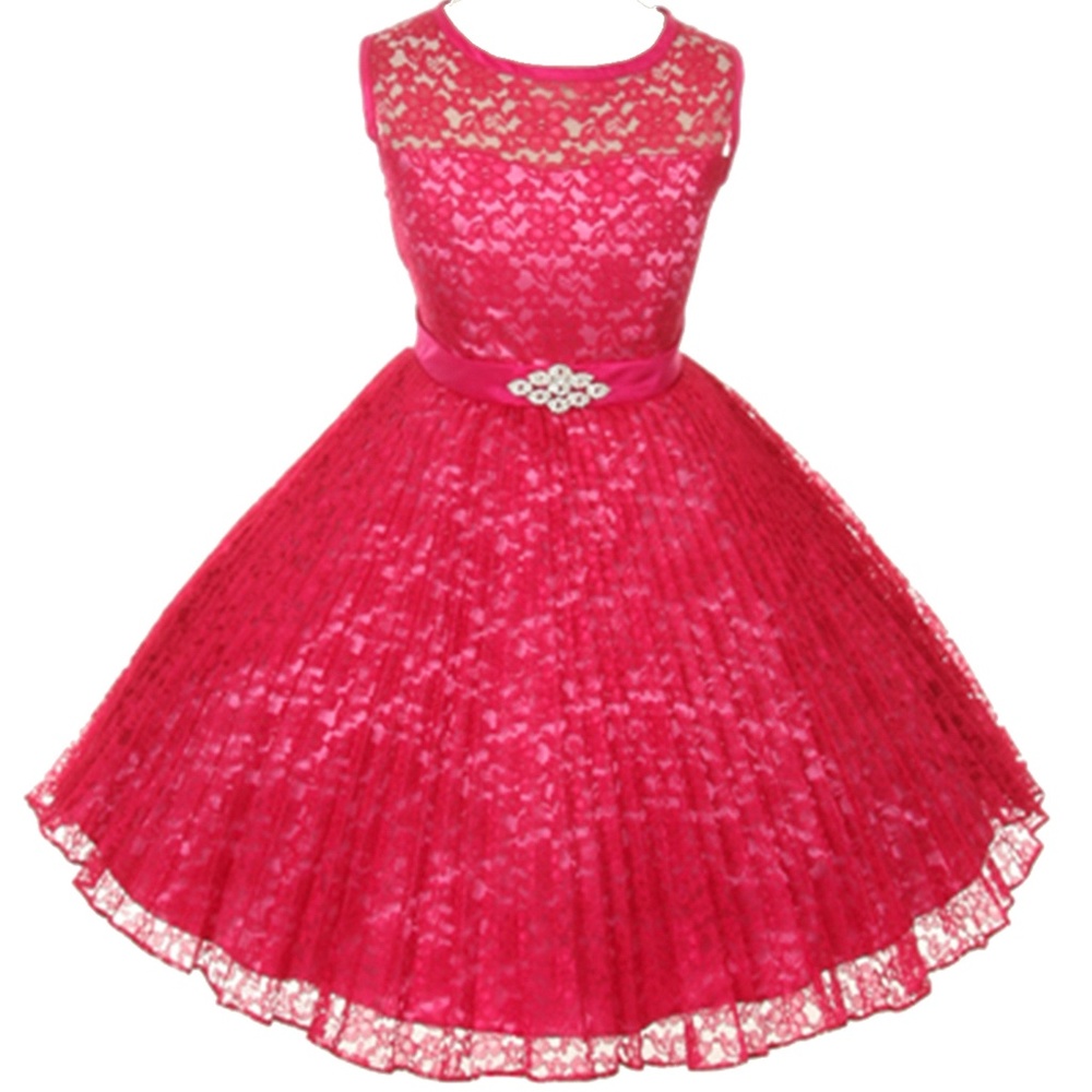 Little Girls Pleated Lace Illusion Top Sunburst Special Flowers Girls Dress Pink